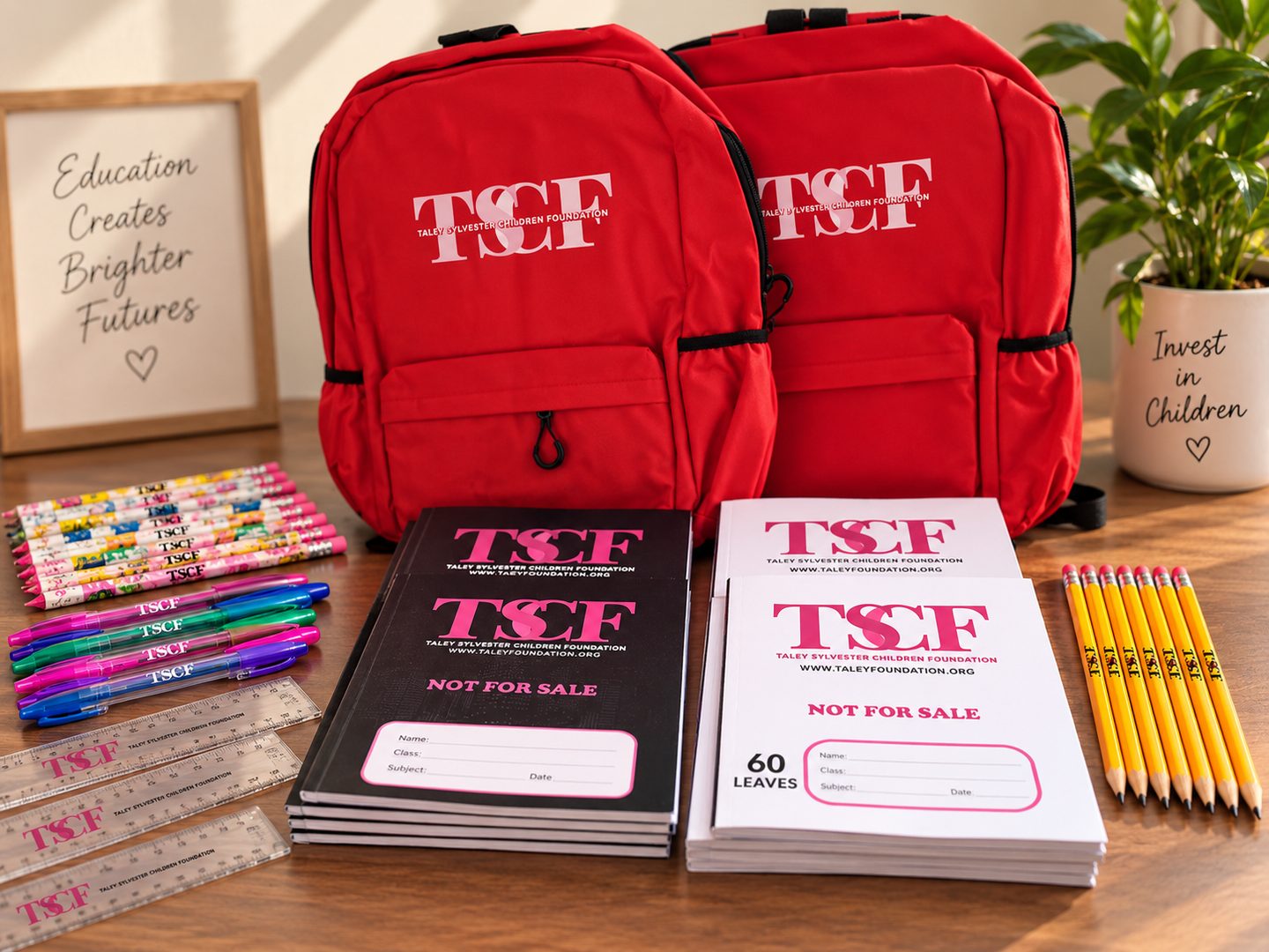 TSCF branded school supplies including backpacks, notebooks, pens, pencils and rulers